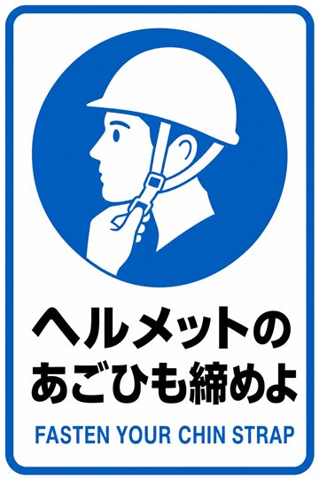ヘルメットのあごひも締めよの安全看板（指示）