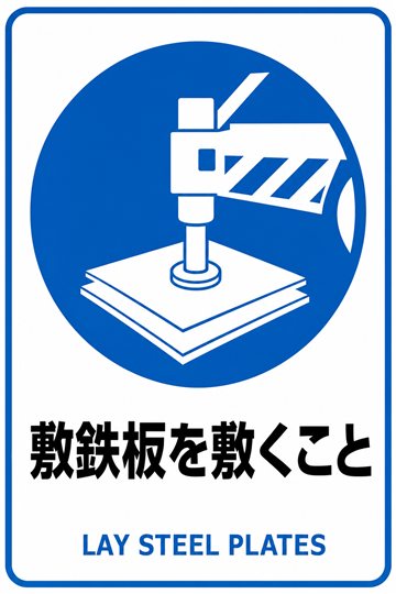 敷鉄板を敷くことの安全看板