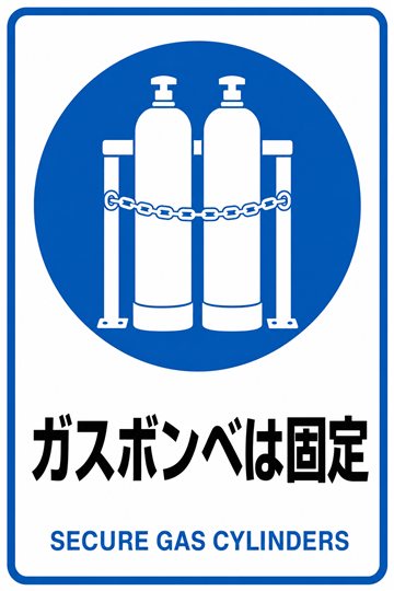 ガスボンベは固定の安全看板（指示）